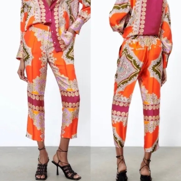Zara Scarves Paisley‎ Print Cropped Pants Orange Magenta Size XS - Picture 1 of 6